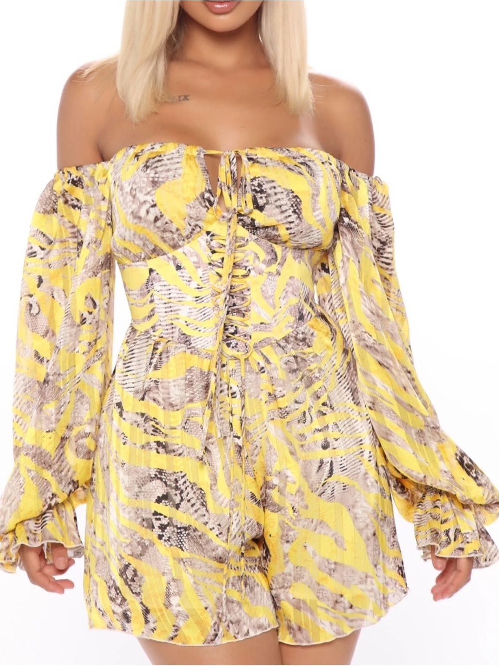 Fashion Nova Yellow and Taupe Off-Shoulder Lace-Up Romper